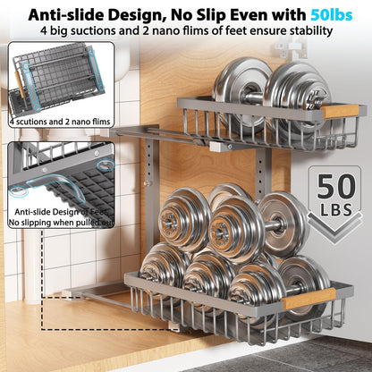 Liuoud Under Sink Organizer 2 Pack, 2 Tier Slide Out Large Capacity Height Adjustable Under Sink Organizers and Storage for Kitchen Bathroom Cabinet, Grey