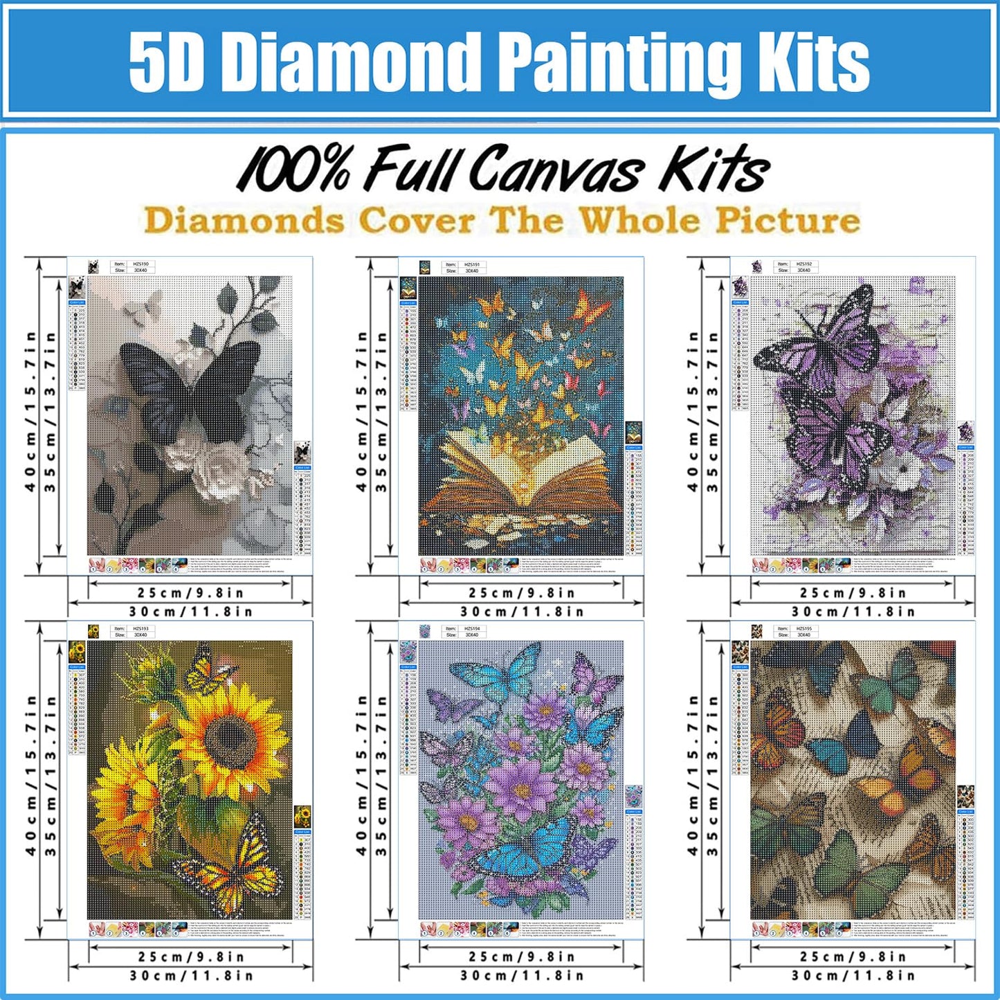 ARTISTKISS 6 Pack Butterfly Diamond Art Kits for Adults - 5D Diamond Painting Kits for Beginner,DIY Flowers Round Full Drill Paintings with Diamonds Gem Art for Adults Home Wall Decor Gifts 12x16inch