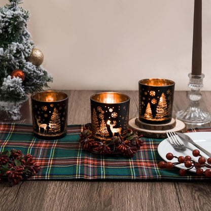Skiennix Votive Candle Holders - Black and Gold Glass Tealight Set of 3 | Festive Elk, Tree & Snowflake Design