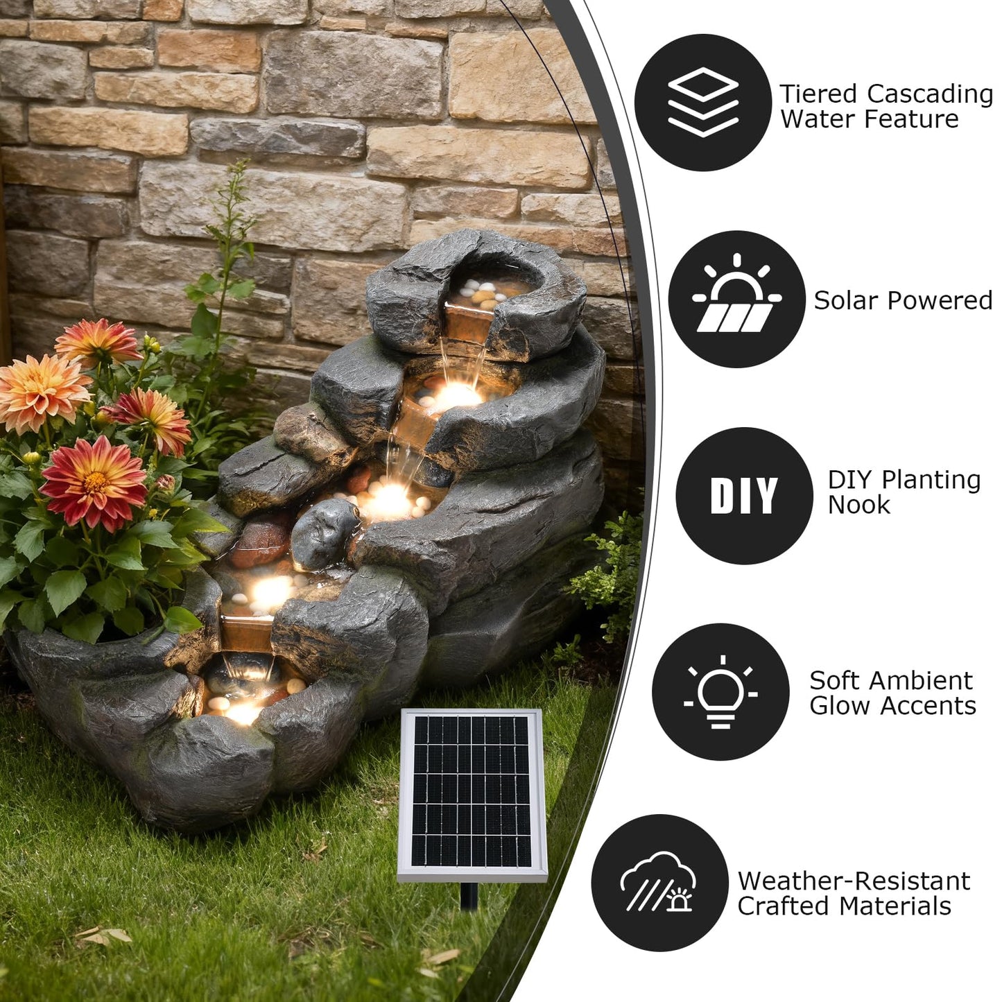 Pivotify 5-Tier Solar Water Fountain Outdoor, 38.2" L Rock Waterfall Fountains Solar Powered Floor Standing Outdoor Water Feature with LED Lights for Patio, Garden,Porch, Yard, Home Art Decor（Grey）