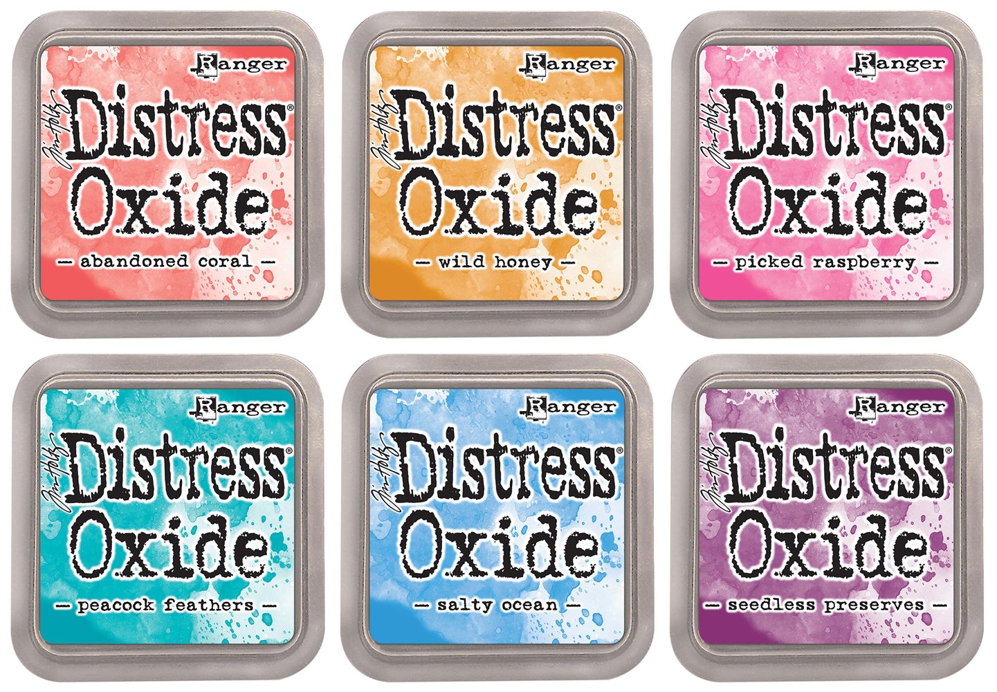 Ranger Tim Holtz Distress Oxide Ink Pads - Abandoned Coral, Wild Honey, Picked Raspberry, Peacock Feathers, Salty Ocean and Seedless Preserves - Bundle of 6 Ink Pads - Set Released June 2017