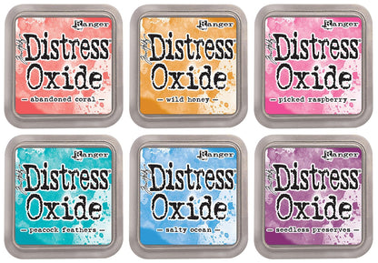 Ranger Tim Holtz Distress Oxide Ink Pads - Abandoned Coral, Wild Honey, Picked Raspberry, Peacock Feathers, Salty Ocean and Seedless Preserves - Bundle of 6 Ink Pads - Set Released June 2017