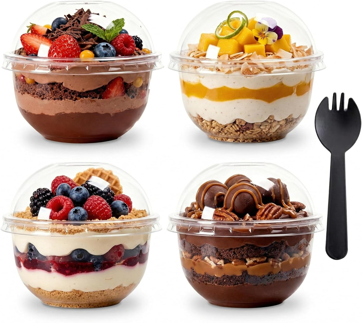 20 Pack 8.5oz Disposable Parfait Dessert Cups with Dome Lids & Black Sporks - Clear Parfait Cups for yogurt, Fruit