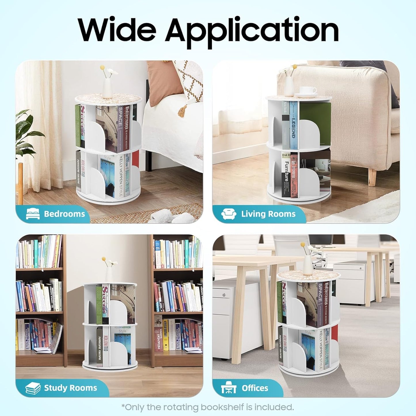 BJTDLLX 360 A4 2 Rotating Bookshelf, Freestanding Storage Shelf, Rotating White Bookshelf Round Bookcase Magazines