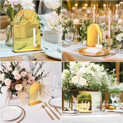 Framokoko Mirror Arched Wedding Table Numbers 1-30 with Stands, 5"x7" Double-sided Letter, Acrylic Wedding Signs Centerpiece Decoration for Wedding Reception Party (Gold, Table Numbers 1-30)