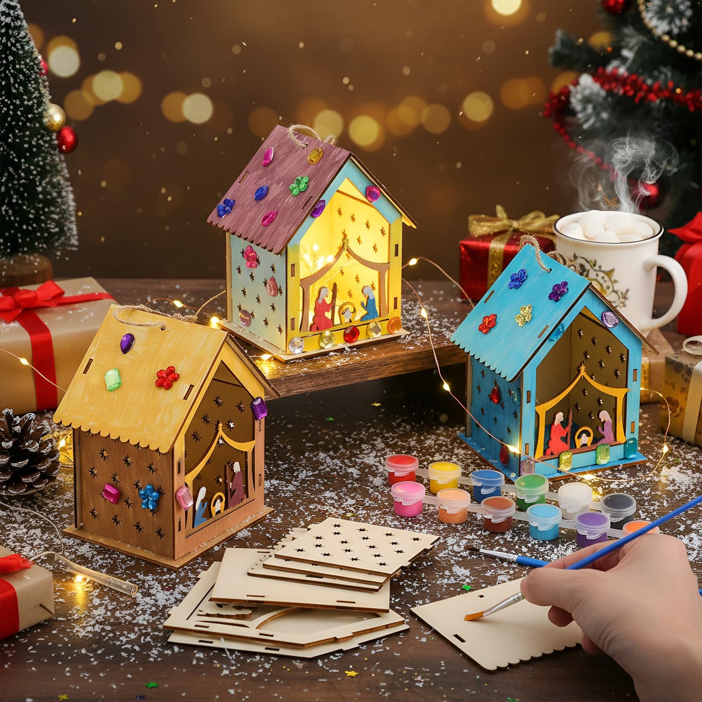 DoubleFill 24 Pcs Christmas Nativity Painting Craft Kits for Kids Make Your Own Religious Jesus House DIY Coloring Wooden Christian Nativity Craft for Classroom Art Sunday School