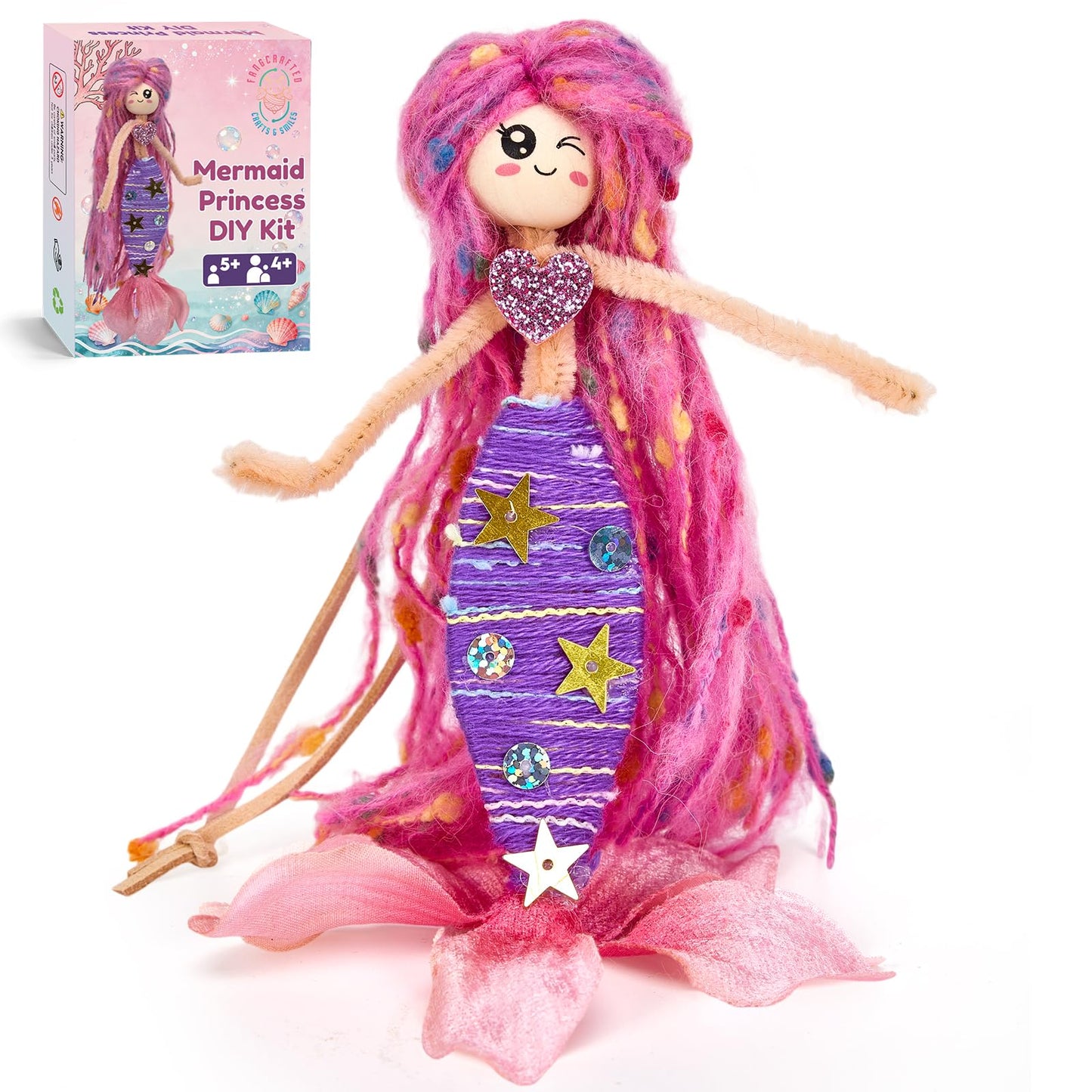 FANGCRAFTED Mermaid Princess Dolls Making Mess Free Yarn Wrapping Craft Kits, 6 Individually Packed Craft Kits for Boys Girls Age 4 5 6 7 8 9 10 11 12, Mermaid Birthday Party, Craft Supplies