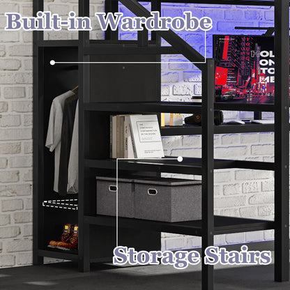 Bellemave Queen Loft Bed with Desk & Wardrobe, Heavy Duty Metal Loft Beds Frame with Storage Stairs, LED Loft Bed Queen Size with Charging Station & Safety Guardrails, No Box Spring Needed, Black