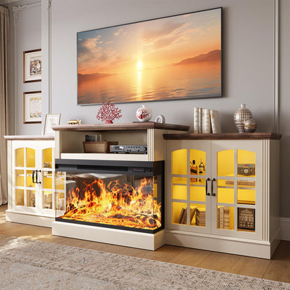 OneBlis 97" Fireplace TV Stand with 36" Electric Fireplace, Farmhouse Entertainment Center for TVs up to 100", Media Console Table with Large Storage Cabinets, for Living Room, White
