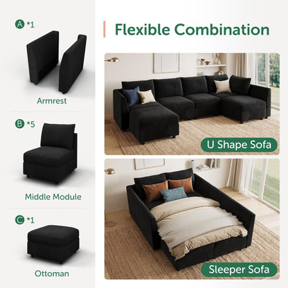 HONBAY Modular Sectional Couch Velvet Sleeper Sofa with Storage Seat Sectional Couches for Living Room,Black