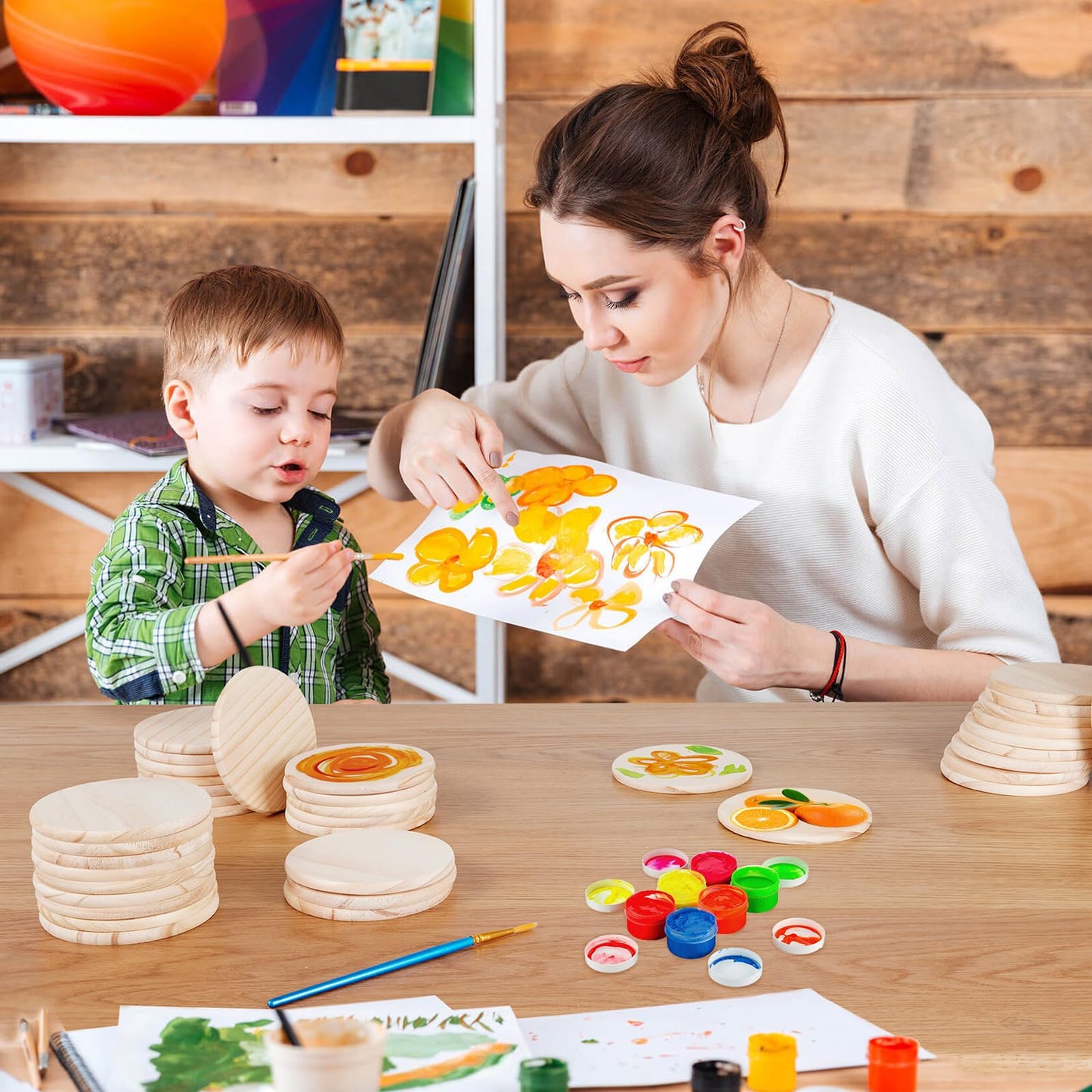 46Pcs Unfinished Wood Coasters-4" Unfinished Natural Wood Slices for Crafts Round with Non-Slip for Wedding Decoration/Blank Coasters Wood Kit DIY Architectural Models Drawing Painting Wood Engraving