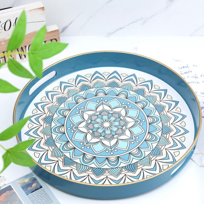 13 Round Cyan Decorative Tray for Coffee Table, Ottoman, Plastic Serving Platter Tray with Handles for Entertaining