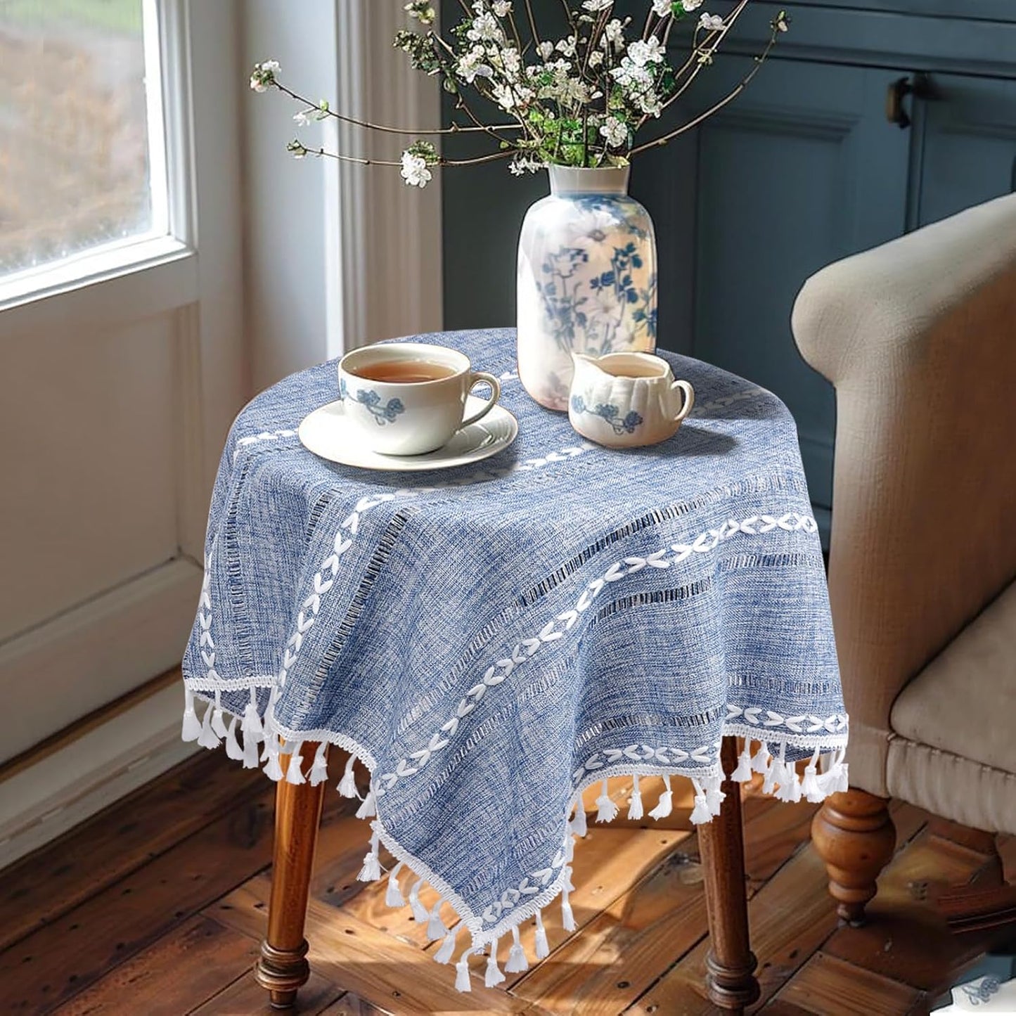 24''x24'', Country Summer Dusty Blue and White Small Tablecloth Spring Boho Square Nightstand Cover, Rusitc Farmhouse