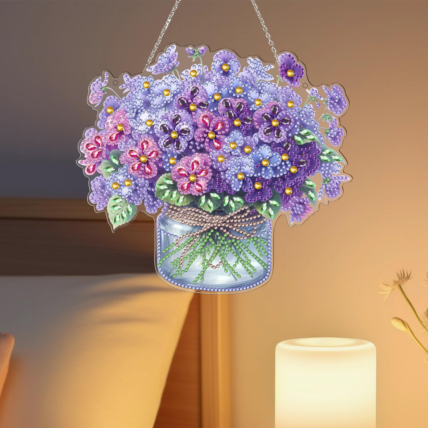 DIY Hanging Diamond Art Kit for Adult – 5D Gem Art Window & Wall Pendant, Acrylic Diamond Painting Ornament for Home & Garden Decoration (Flower)
