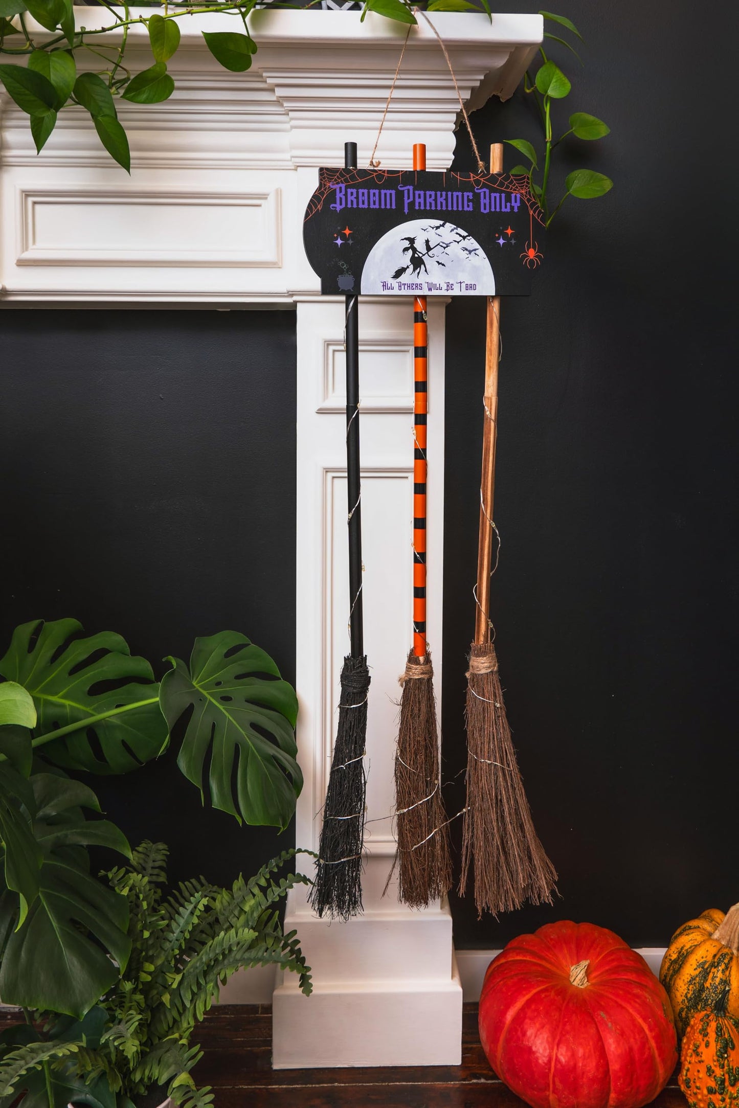 Halloween Decorations with Broom Parking Only Sign - Witch Halloween Theme - Porch Decor - Decorations with Three Witch Broomstick - Wall Decor with Lights