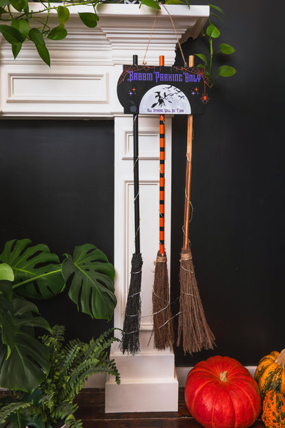 Halloween Decorations with Broom Parking Only Sign - Witch Halloween Theme - Porch Decor - Decorations with Three Witch Broomstick - Wall Decor with Lights