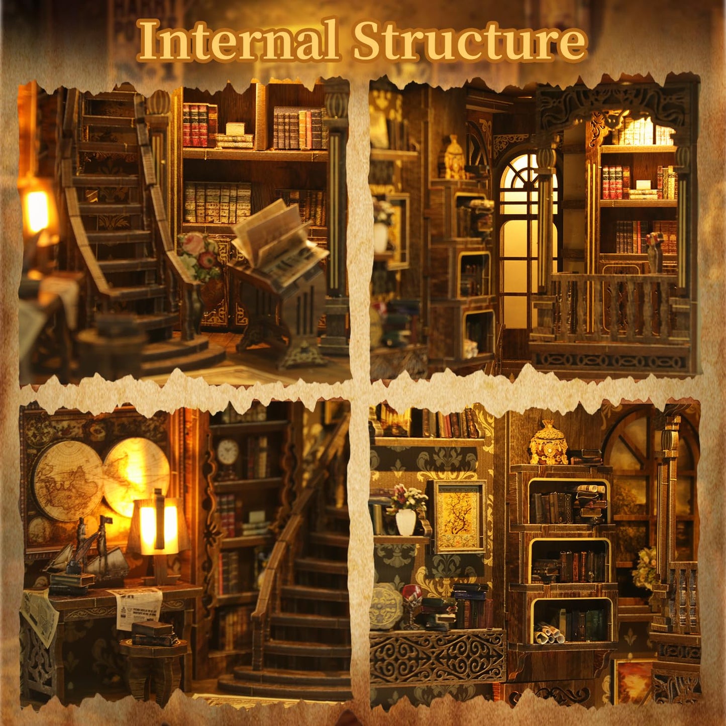 Book Nook Kit, Book Nook for Adults 3D Wooden Puzzle with Sensor Led Light,DIY Miniature House Kit Bookshelf Insert Decor for Adults Booknook Model Kits