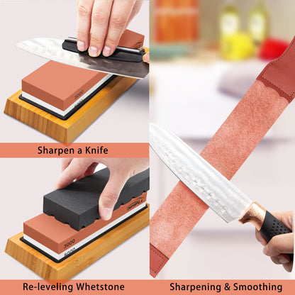 HMPLL Knife Sharpening Stone Set, Professional Whetstone 4 Side Grit 400/1000 3000/8000, Whetstone Knife Sharpener Stone Set Include Non-slip Base, Leather Strop, Flattening Stone & Angle Guide