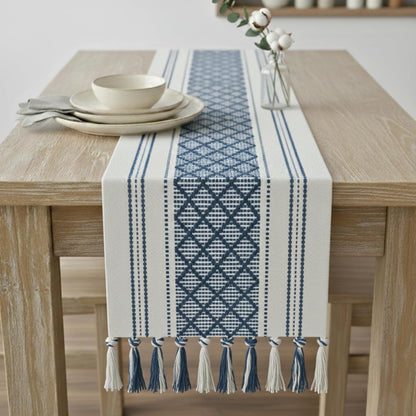14 72 Inches, Boho Table Runner with Tassel x Blue & Cream, Woven Washable Dresser Scarf and Topper for Bedroom