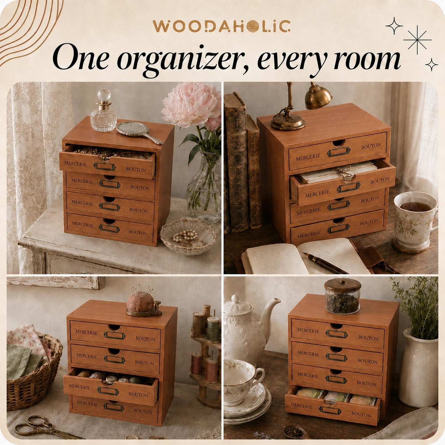 Modular Stackable Apothecary Cabinet 4 Drawer Desk Organizer - Retro Library Card Catalog Wood Storage Box - Organize Stationery, Thread Embroidery, Sewing, Crafts, Junk Drawer & Supplies Countertop