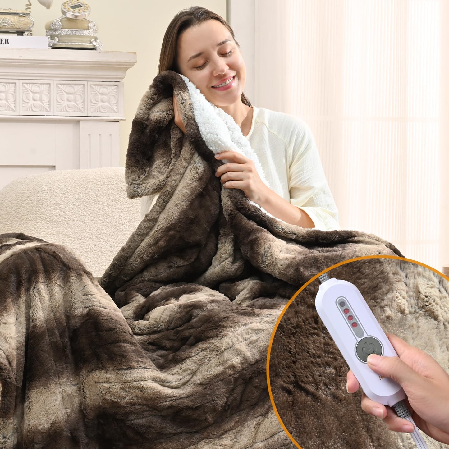Bearhug Electric Blanket King Size 100" x 90", Dual Controller Heated Blanket, White Flower Patterns Faux Fur & Warm Sherpa, 10-Heat Levels & 1-12H Auto Off,ETL, Machine Washable