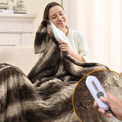Bearhug Electric Blanket King Size 100" x 90", Dual Controller Heated Blanket, White Flower Patterns Faux Fur & Warm Sherpa, 10-Heat Levels & 1-12H Auto Off,ETL, Machine Washable