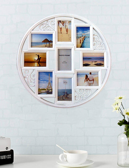 MKUN 4x6 Wall Collage Picture Frames - Round Circular Wall hanging Picture Photo Collage Frame with leaf decoration, 9- Opening (White)