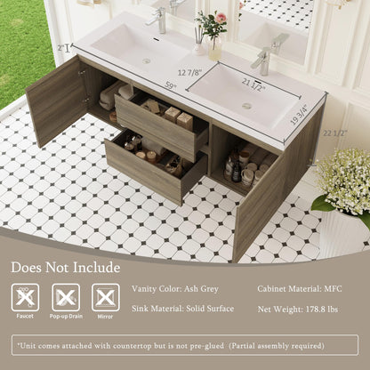 KEIKI 60'' Wall-Mounted Bathroom Vanity with Double Sinks - Floating Design, 2 Soft-Close Drawers & Doors & Resin Basin, Space-Saving for Small Bathrooms, Ash Grey