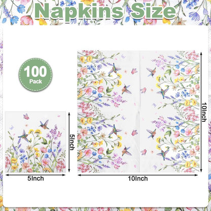 NatNarr 100 Pcs Wildflower Napkins, 2-Ply Floral Cocktail Napkins Spring Decoupage Napkin Butterfly Hummingbird Flower Dessert Beverage Napkin for Mothers Day, Baby Shower, Tea Party