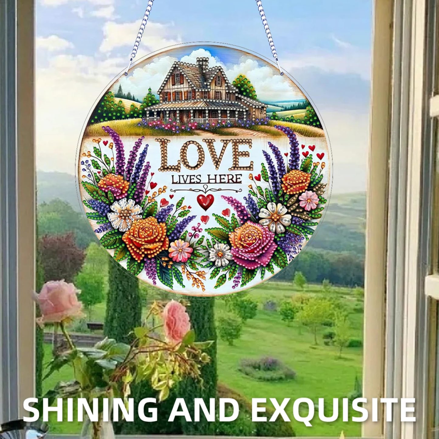 5D Diamond Painting Kit for Adults, DIY Hanging Flower Suncatcher Pendant - Crystal Rhinestone Art with Gift Box, Home Window Ornament, Double Sided (Flower House)