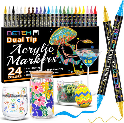 24-Pack Betem Acrylic Paint Pens, Dual Tip Glass Markers, Quick-Drying Acrylic Markers, Paint Pens with Fine & Brush