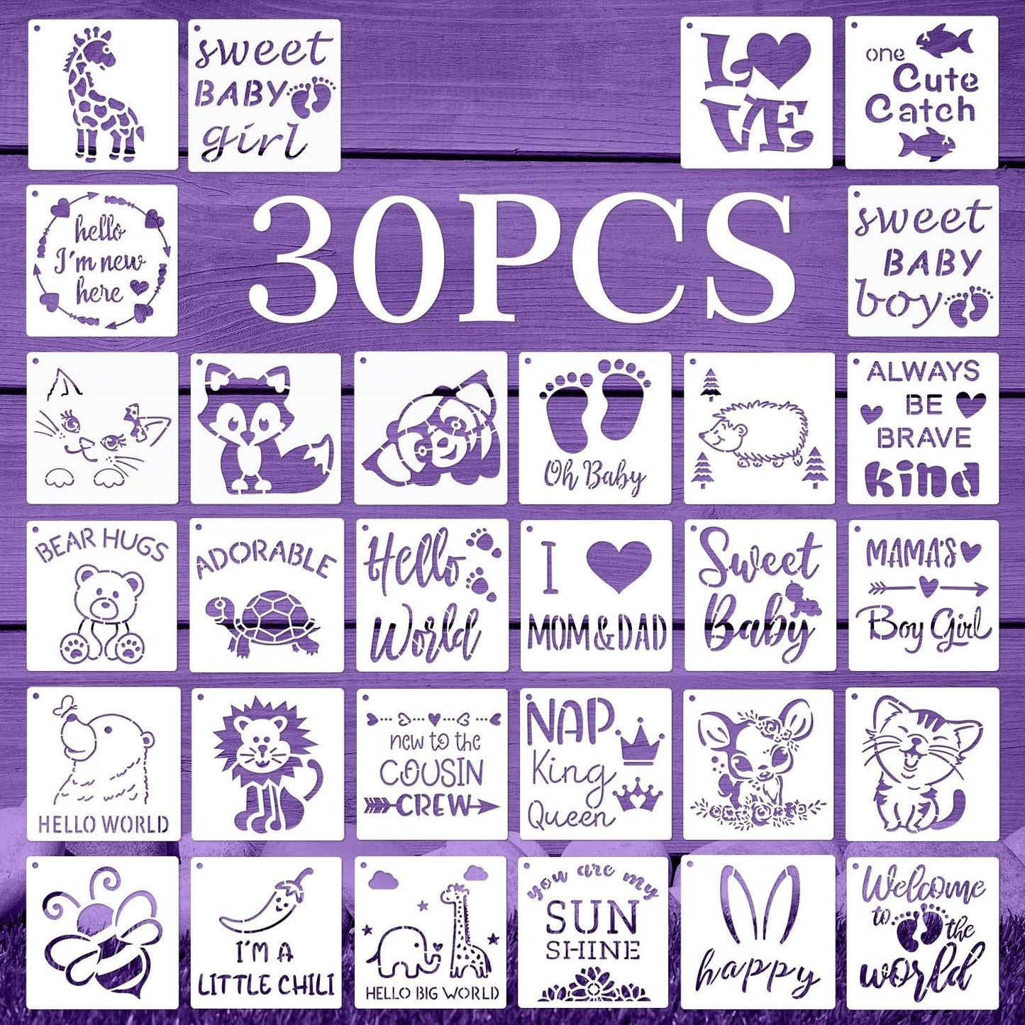 30 Pieces Baby Shower Stencils, 5 Inch Cute Onesie Stencil Reusable Mixed Phrase for Painting, Small Animals Template for Bodysuit Shirts Shoes Bibs Clothes