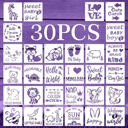 30 Pieces Baby Shower Stencils, 5 Inch Cute Onesie Stencil Reusable Mixed Phrase for Painting, Small Animals Template for Bodysuit Shirts Shoes Bibs Clothes