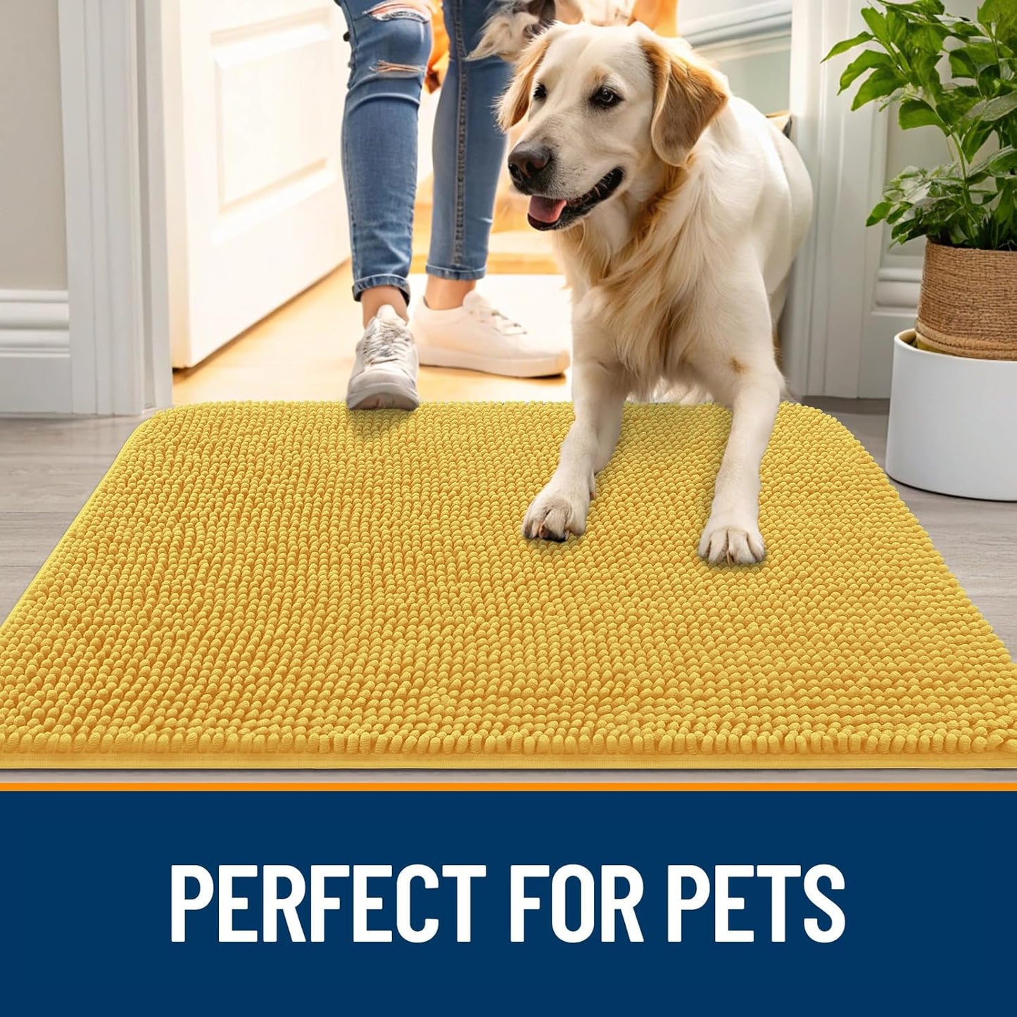 OLANLY Dog Door Mat - Absorbent Non-Slip Chenille Mat for Muddy Paws | 35x24 Inches, Yellow