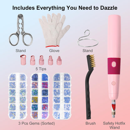 PP OPOUNT Hotfix Rhinestone Setter - Bedazzler Kit with Rhinestones for Clothes, Crafts, Shoes & T-Shirts, DIY Bedazzling Kit with 5 Different Tip Sizes, Stand, Glove, Cleaning Brush, Tray (Pink)