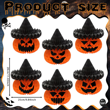 Fourluoo 6 Pcs Large Halloween Pumpkin Witch Hat Honeycomb Centerpieces 9.84 x 11 Inch Thanksgiving Paper Honeycomb Decorations 3D Table Decor for Fall Tailgate Party