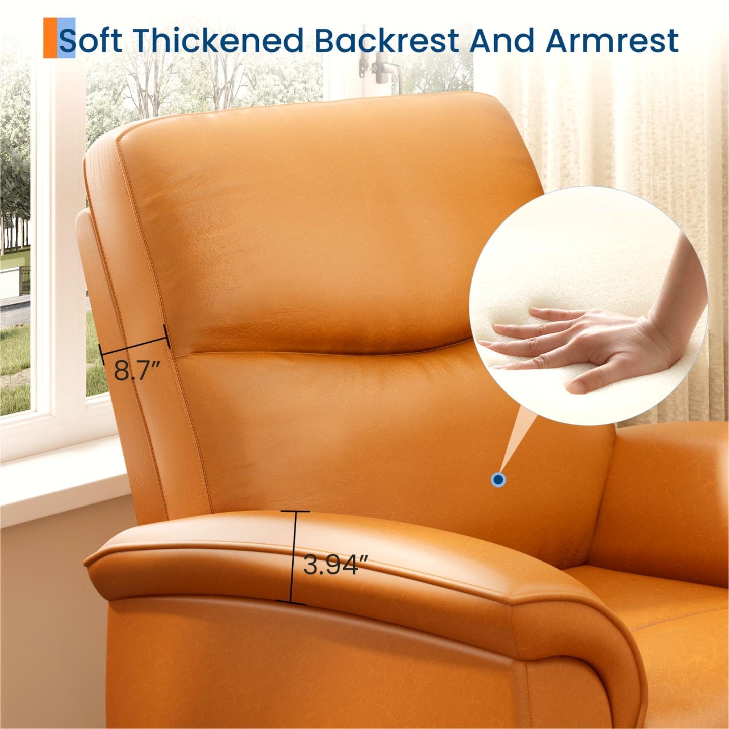 GarveeHome Recliner Chair, 360° Swivel Rocker Glider Nursery Chair with Padded Armrest and Deep Seat, PU Leather Upholstered Reclining Sofa Chair for Living Room, Bedroom and Nursery (Vibrant Orange)