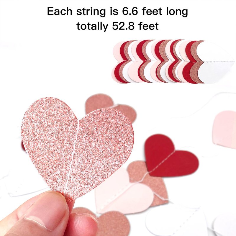 XIANMU 8 Strands Heart Garland Valentines Day Heart Paper Streamers Banner Rose-Gold Pink Burgundy-Red Party Decorations for Mothers Day Wedding Engagement Party Supplies