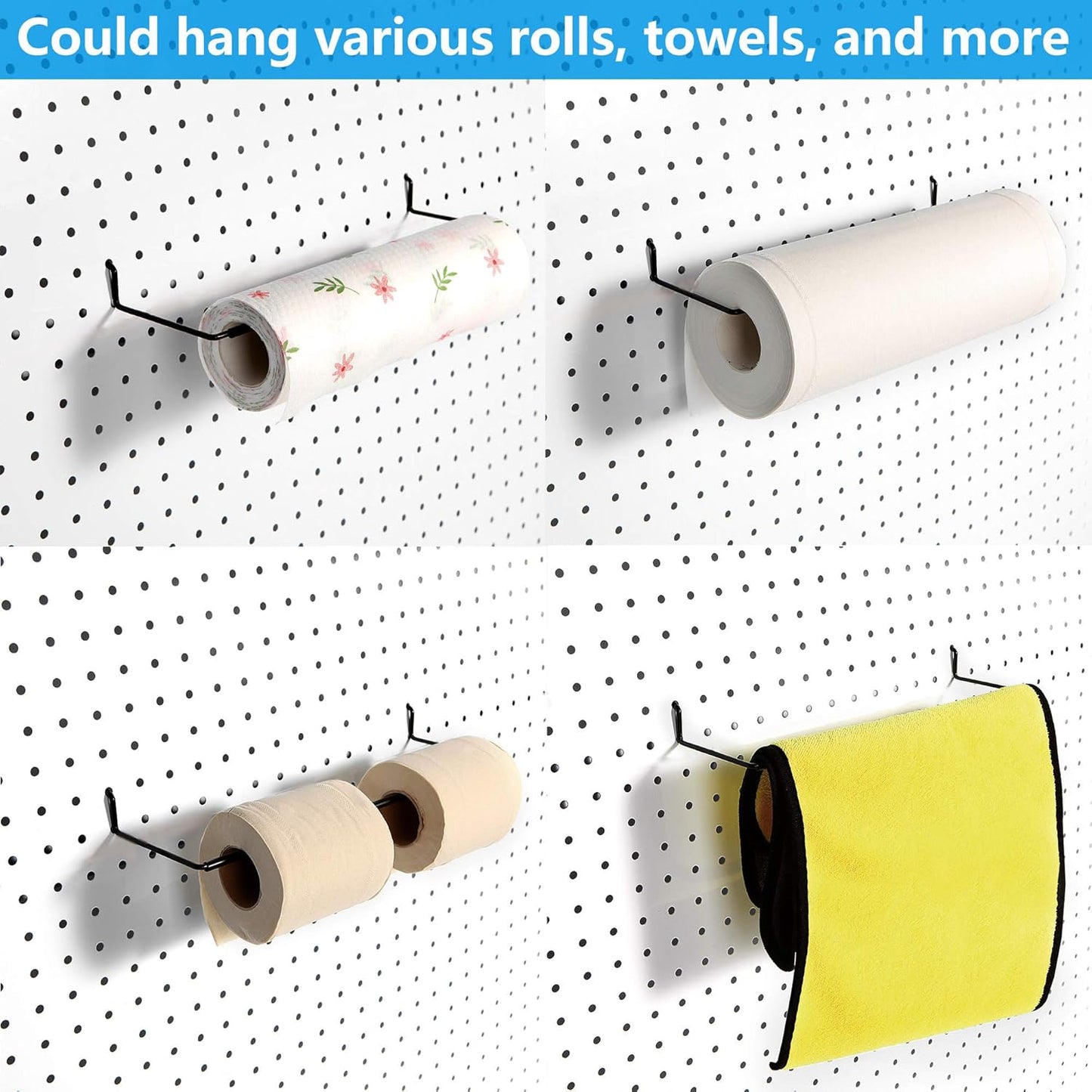 Paper Towel Holder for Pegboard, Extendable, Fits Any Standard Pegboard, 4 Packs, Black