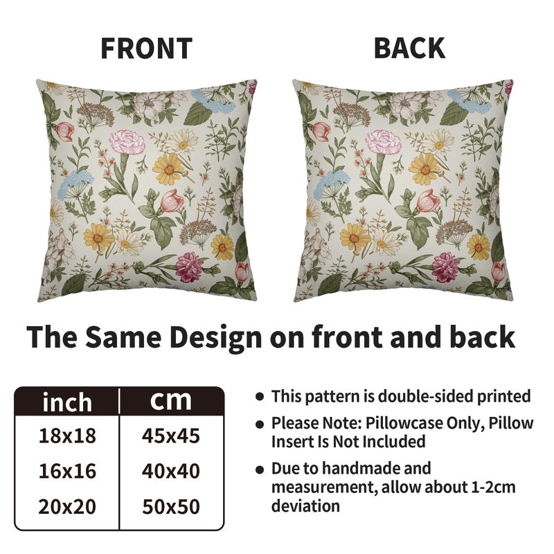 Spring Floral Pillow Covers 18X18 Set of 2, Botanical Print Green Flower Plant Pattern Decorative Throw Pillowcases Outdoor Farmhouse Seasonal Cushion Cases Couch Sofa Bed Decor