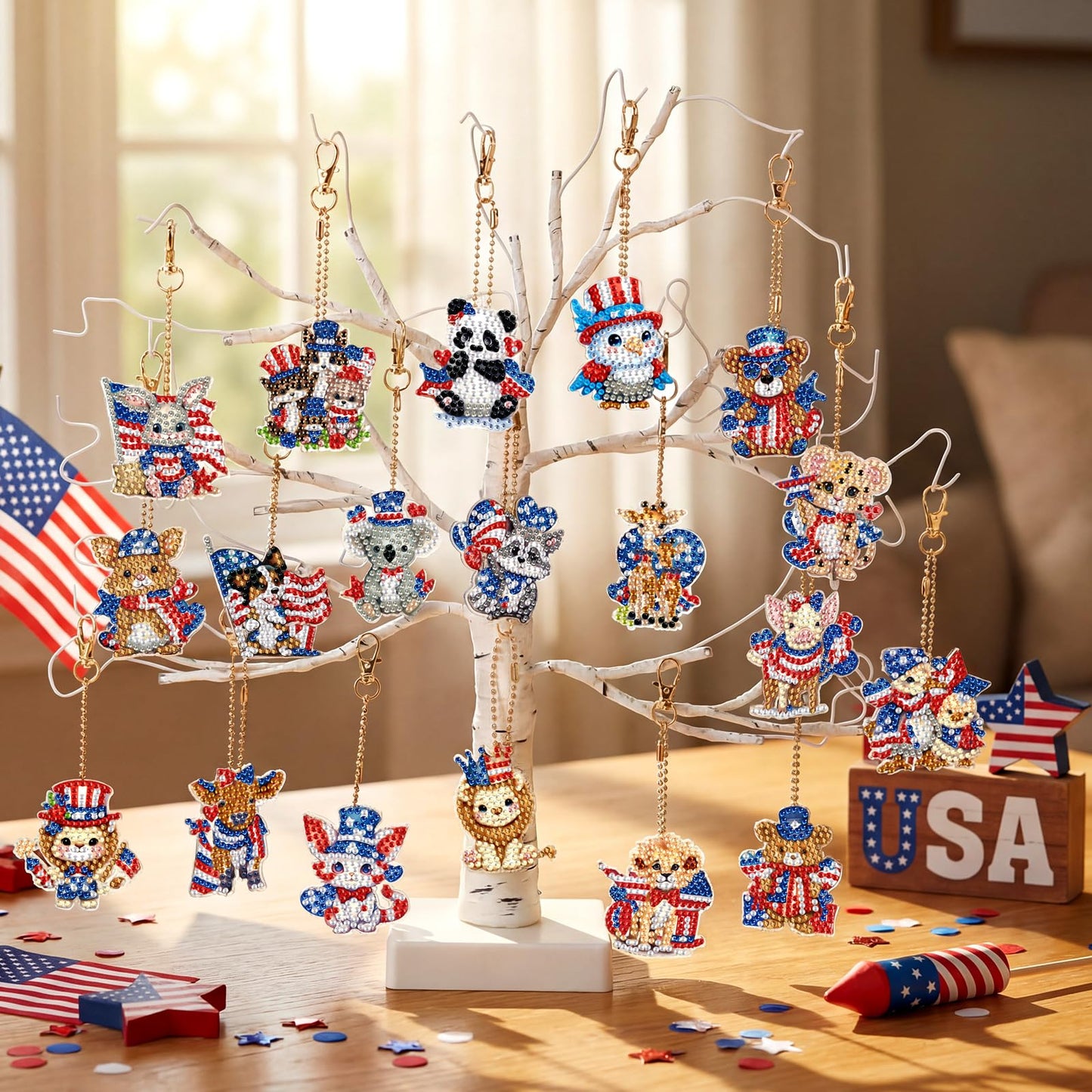 WILLBOND 30 Pcs 4th of July Animals Diamond Art Keychain Kits for Adults Independence Day Patriotic Diamond Painting Keyring Double Sided American Flag Red White Blue Hanging Ornaments for DIY Crafts