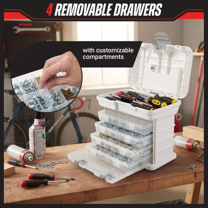 Portable Tool Box - Small Parts Organizer with Drawers and Customizable Compartments for Hardware, Fishing Tackle, Beads or Crafts by Stalwart (White)