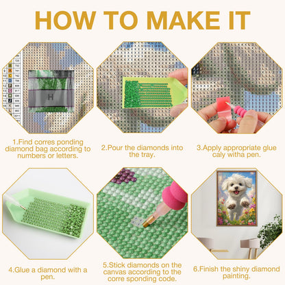 MEIYUDA Dog Diamond Art Kits for Adults, 5D Cute White Doggy Diamond Art Kits for Beginners, DIY Round Full Drill Diamond Gem Art with Painting Tools for Home Wall Decor 12x16 Inch