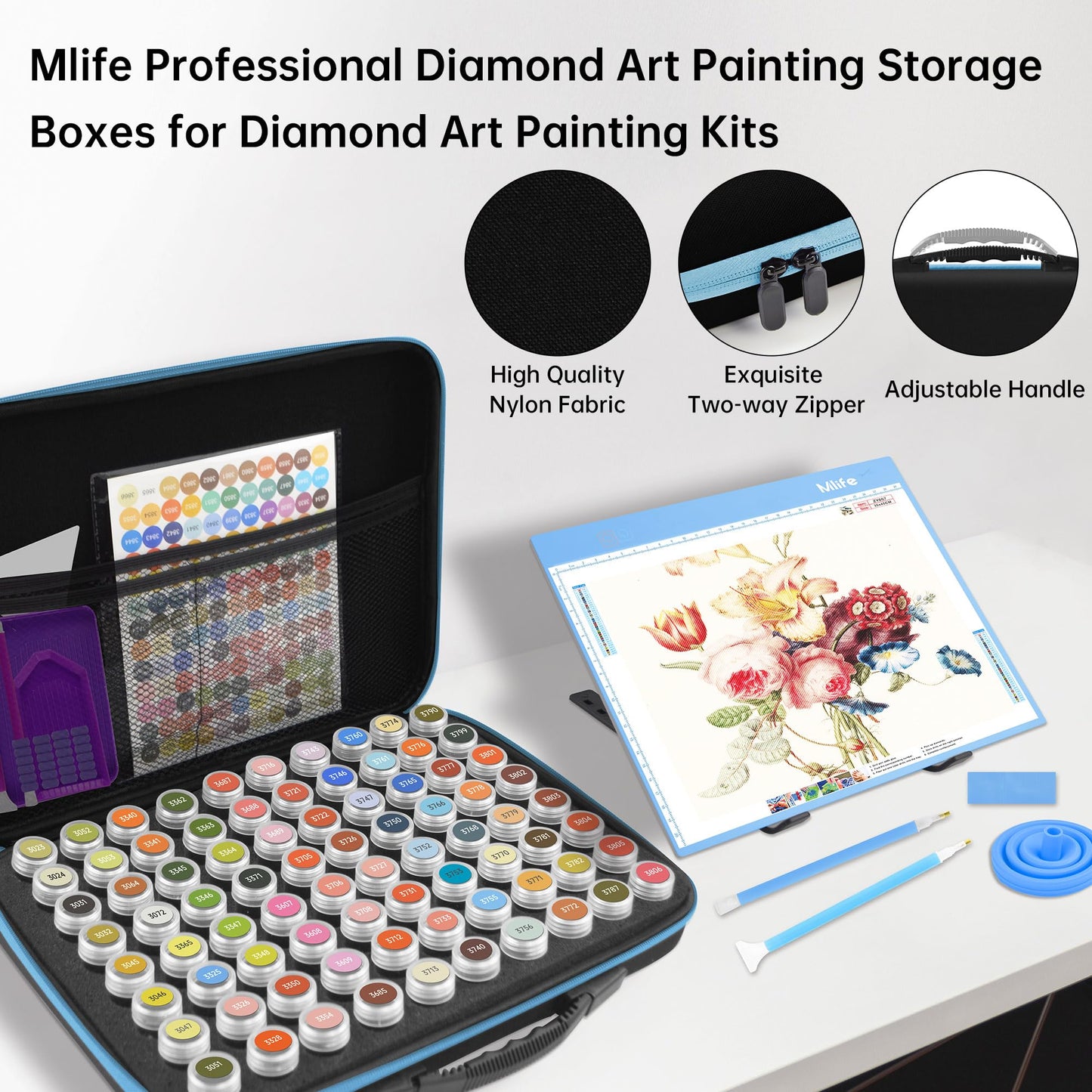 Mlife Diamond Painting Storage Boxes,1 Diamond Painting A4 Light Box Tracing Light Board with 3 Brightness, 80 Slots Bead Storage with 5D Diamond Art Accessories and Tools Kit（Blue）