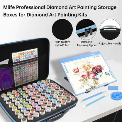 Mlife Diamond Painting Storage Boxes,1 Diamond Painting A4 Light Box Tracing Light Board with 3 Brightness, 80 Slots Bead Storage with 5D Diamond Art Accessories and Tools Kit（Blue）