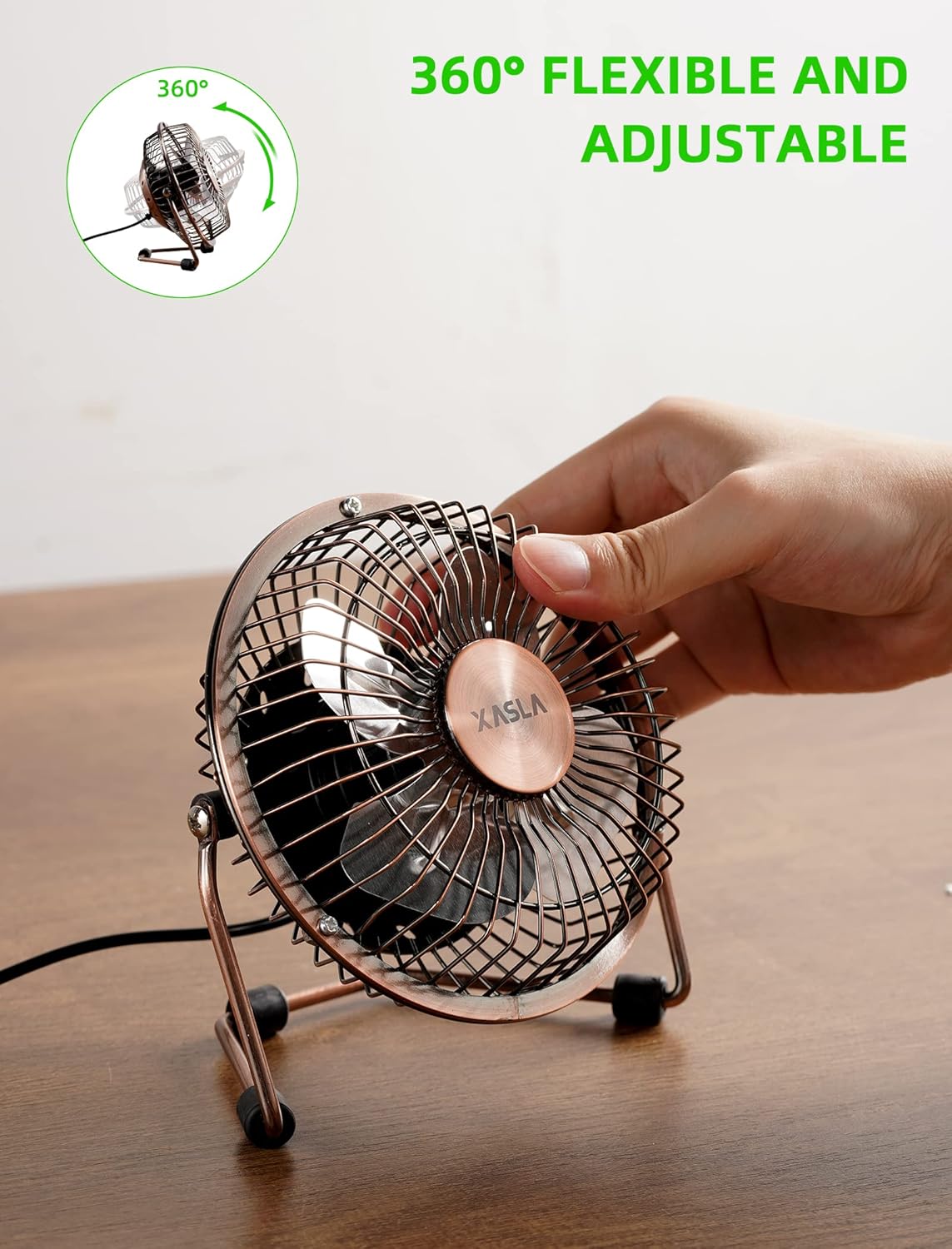 xasla 4 Inch Small USB Desk Fan, Mini Quiet Fan with Metal Construction, Strong Airflow, 360° Adjustable Tilt Angle