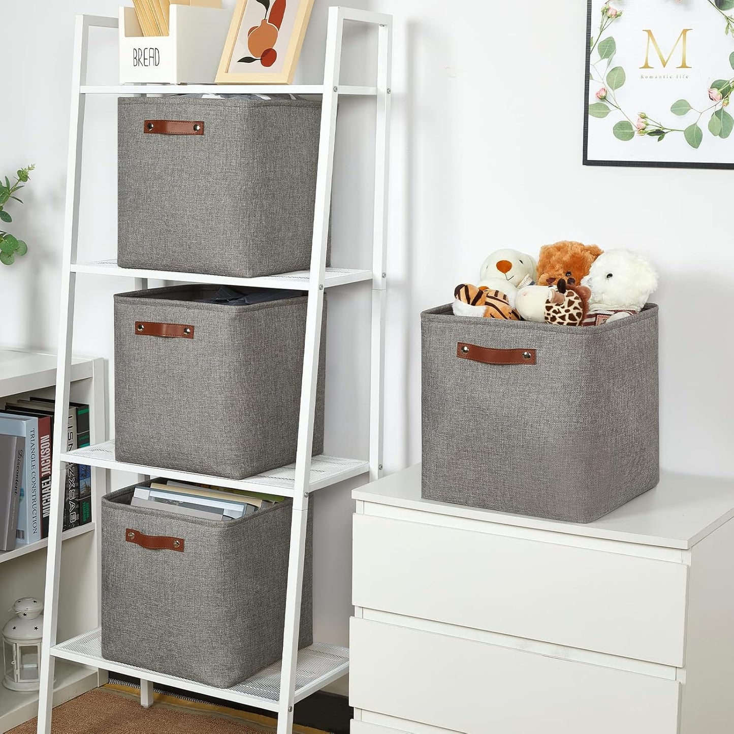 Temary 13 Inch Fabric Storage Baskets, Set of 4 Cube Bins for Home and Office with Leather Handles in Grey