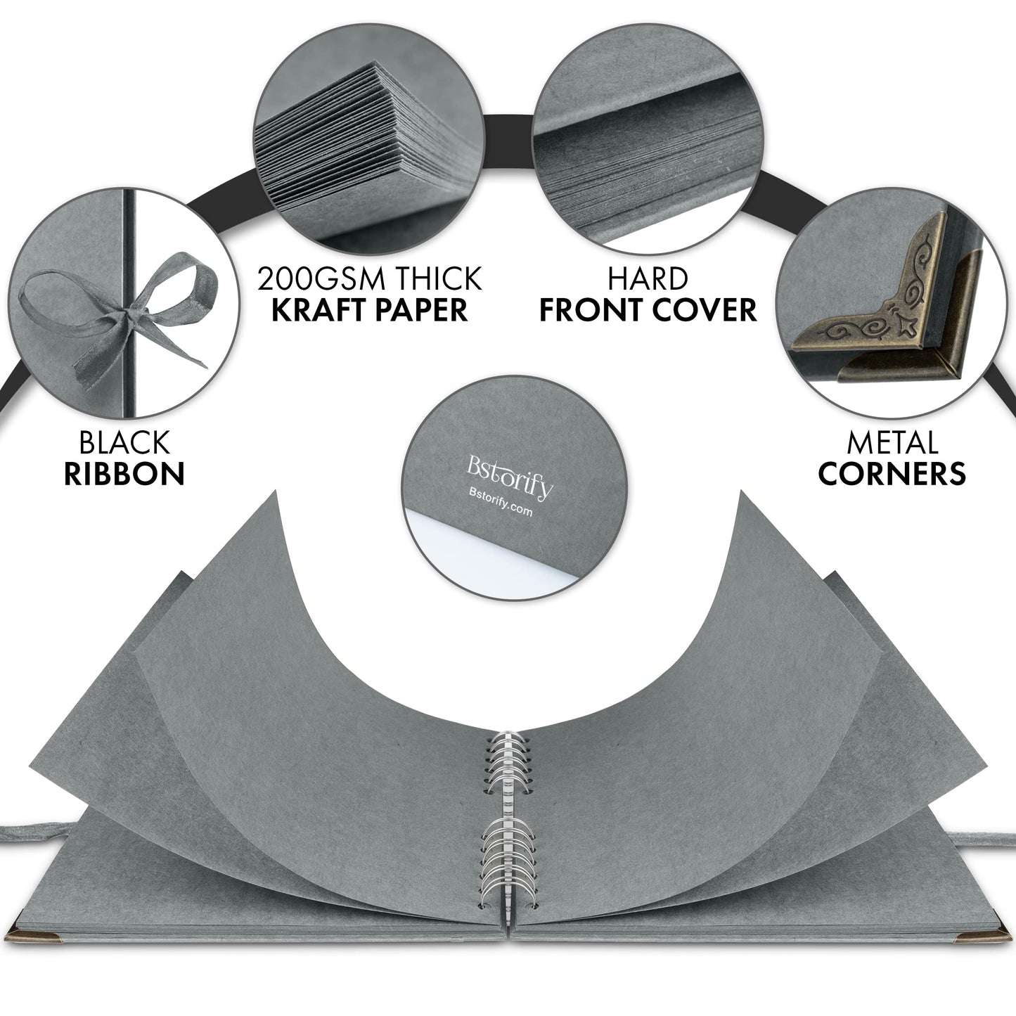 Bstorify Square Scrapbook Photo Albums 60 Pages (21 x 21 Cm) Grey Thick Paper, Hardcover, Metal Corners, Ribbon Closure - Ideal for Your Scrapbooking Albums, Art & Craft Projects (Grey, 21 x 21 Cm)