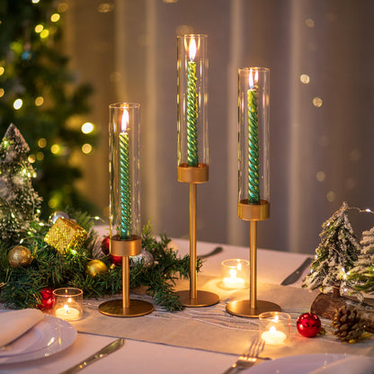 Glass Hurricane Candlestick Holders Gold - Romadedi Taper Candle Holder Tall Clear Glass Cylinder Table Centerpiece Wedding Decor Party Birthday Christmas Home Decorations Set of 3