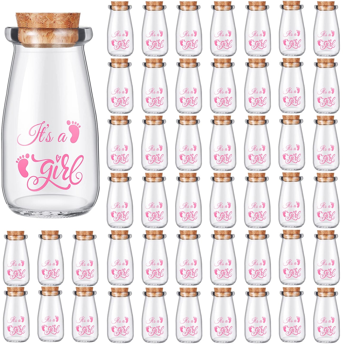 Sieral 48 Pcs 3.4 oz Small Glass Bottles Favor Jars with Cork Lids Baby Shower Decorative Milk Jar for Party Candy Decorations Souvenirs (It's a Girl)